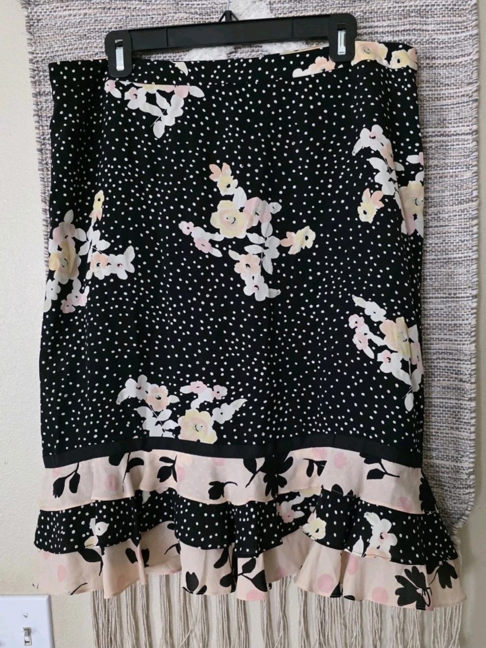 Banana Republic Womens Size 14 Black Pink Floral Polka Dot Silk Ruffle Skirt